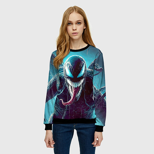 Женский свитшот Свирепый Веном - неоновое свечение / 3D-Черный – фото 3
