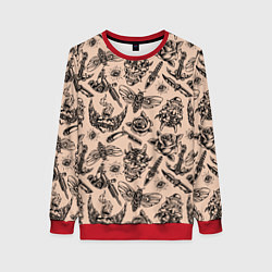 Свитшот женский Татуировка с цикадой и демоном Они - паттерн, цвет: 3D-красный