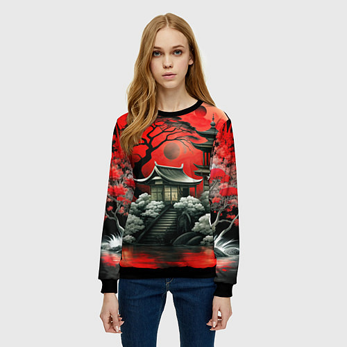 Женский свитшот Пейзаж Японии в красном цвете / 3D-Черный – фото 3