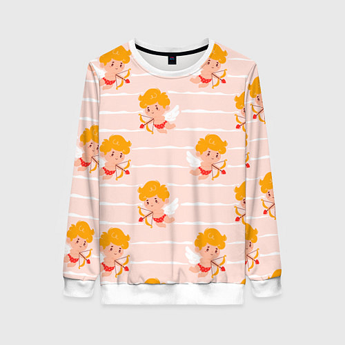 Женский свитшот Полосатый паттерн с милыми купидонами / 3D-Белый – фото 1