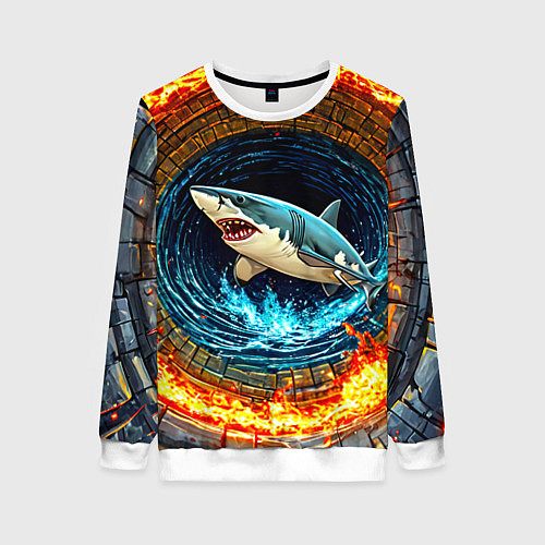 Женский свитшот Акула в огненом колодце / 3D-Белый – фото 1