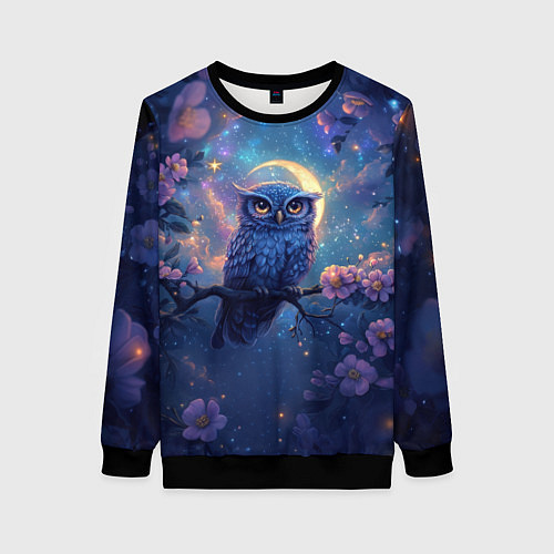 Женский свитшот Сова и фиолетовые цветы / 3D-Черный – фото 1