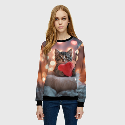 Женский свитшот Котенок поздравляет с днем святого Валентина / 3D-Черный – фото 3