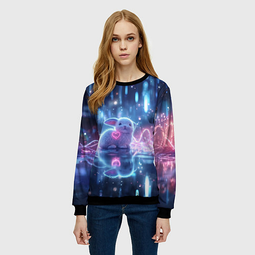 Женский свитшот Белый зайчик с сердцем / 3D-Черный – фото 3