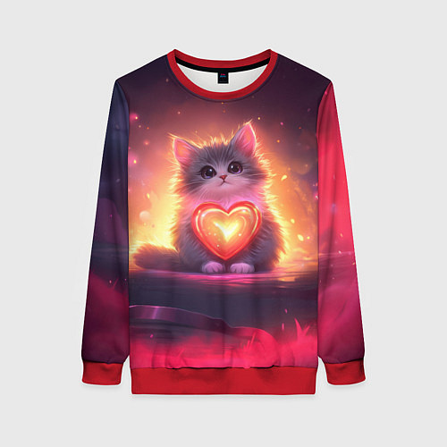 Женский свитшот Пушистый котик с сердечком / 3D-Красный – фото 1
