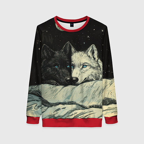 Женский свитшот Черный волк и белая волчица / 3D-Красный – фото 1