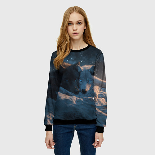 Женский свитшот Влюбленные волки лежат вместе / 3D-Черный – фото 3