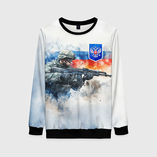 Женский свитшот Русский солдат и синий герб РФ / 3D-Черный – фото 1