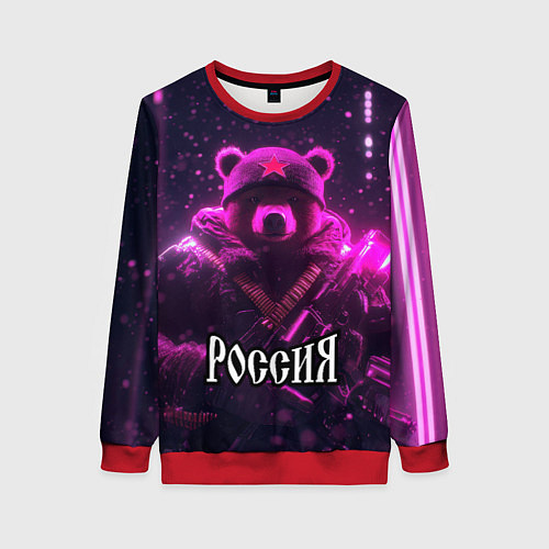 Женский свитшот Военный медведь в фиолетовом неоне / 3D-Красный – фото 1