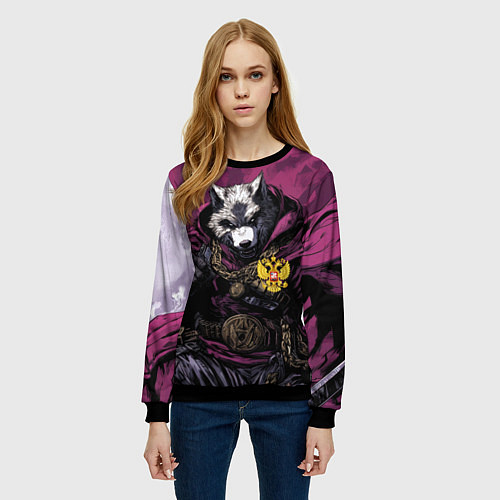 Женский свитшот Волк с золотым гербом РФ / 3D-Черный – фото 3