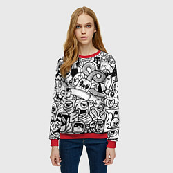 Свитшот женский Black and white doddle monsters, цвет: 3D-красный — фото 2