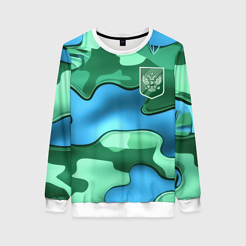 Женский свитшот Зелено-голубой камуфляж и герб РФ / 3D-Белый – фото 1