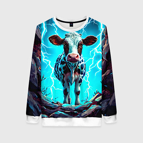 Женский свитшот Корова в разрядах молнии / 3D-Белый – фото 1