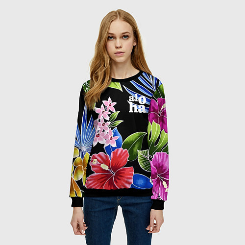 Женский свитшот Tropical flowers - aloha / 3D-Черный – фото 3