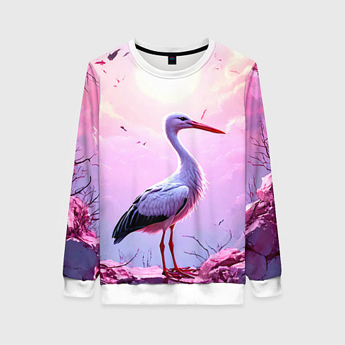 Женский свитшот Аист в розовых облаках / 3D-Белый – фото 1