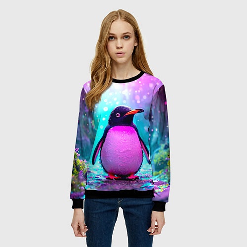 Женский свитшот Пингвин в неоновых искрах / 3D-Черный – фото 3