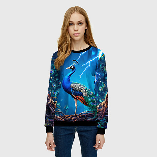 Женский свитшот Павлин и молния / 3D-Черный – фото 3