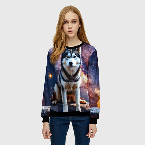 Женский свитшот Лайка и космос / 3D-Черный – фото 3