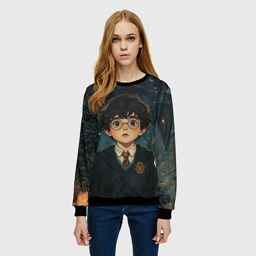 Женский свитшот Испуганный Гарри Поттер / 3D-Черный – фото 3