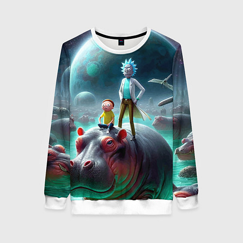 Женский свитшот Рик и Морти сидят на бегемоте - нейроарт фантазия / 3D-Белый – фото 1