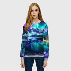 Свитшот женский Северное сияние над горами - неоновое свечение, цвет: 3D-меланж — фото 2