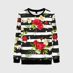 Свитшот женский Красные розы на черных полосках, цвет: 3D-черный