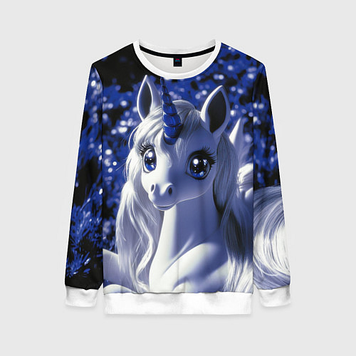 Женский свитшот Единорог - синий рог / 3D-Белый – фото 1