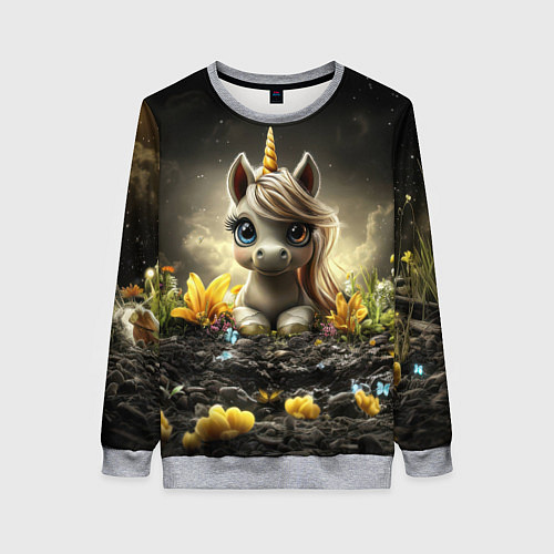 Женский свитшот Белая единорожка на черном фоне / 3D-Меланж – фото 1