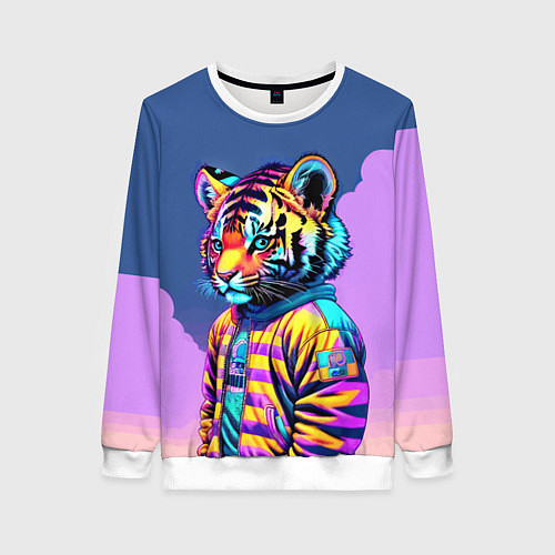 Женский свитшот Cool tiger cub - pop art / 3D-Белый – фото 1
