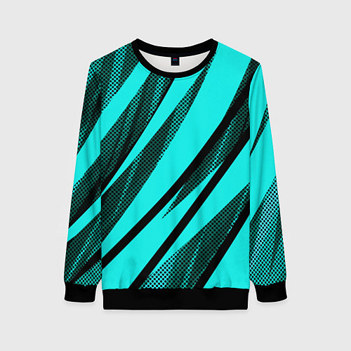 Женский свитшот Неоновый голубой с чёрным абстракция с полосами / 3D-Черный – фото 1