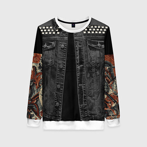 Женский свитшот Джинсовка с татуировкой дракона и самурая - имитац / 3D-Белый – фото 1