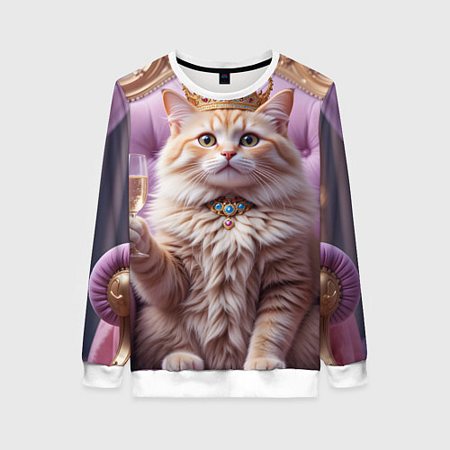 Женский свитшот Кот с короной и шампанским / 3D-Белый – фото 1