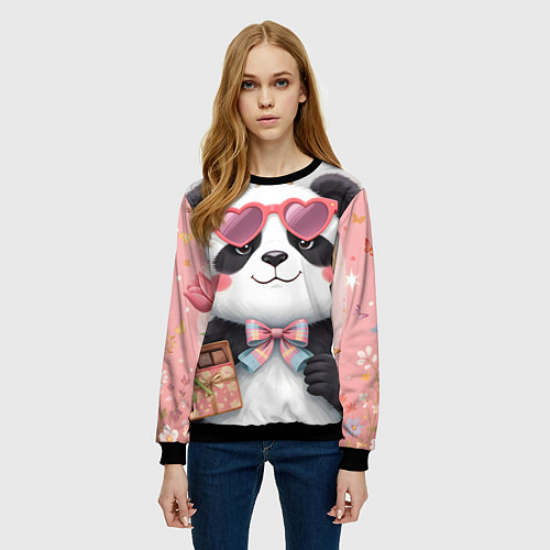 Женский свитшот Панда в очках с подарками и с цветами на 8 марта / 3D-Черный – фото 3