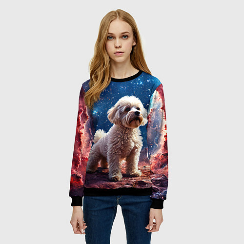 Женский свитшот Бишон в космосе / 3D-Черный – фото 3