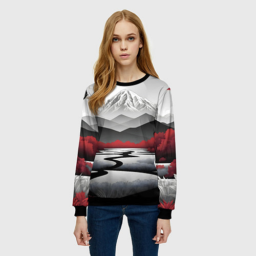 Женский свитшот Белые горы и красные деревья / 3D-Черный – фото 3
