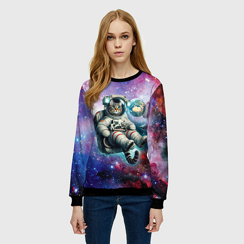 Женский свитшот Brave cat in space - ai art / 3D-Черный – фото 3