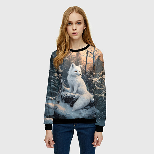 Женский свитшот Белый лисенок в зимнем лесу / 3D-Черный – фото 3