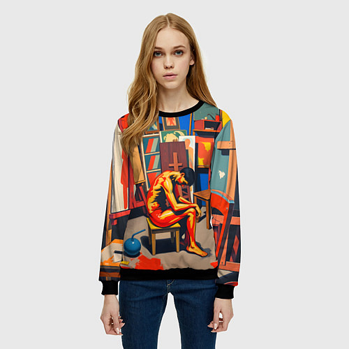 Женский свитшот Художник в мастерской / 3D-Черный – фото 3