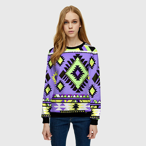 Женский свитшот Геометрический сиренево желтый орнамент ацтеков / 3D-Черный – фото 3