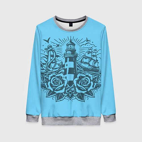Женский свитшот Маяк с розами и кораблем / 3D-Меланж – фото 1