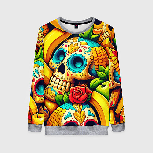 Женский свитшот Colorfull skulls and bananas - pop art pattern / 3D-Меланж – фото 1