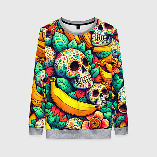 Женский свитшот Паттерн из черепов и бананов - нейроарт / 3D-Меланж – фото 1