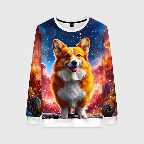 Женский свитшот Корги и космическое небо / 3D-Белый – фото 1