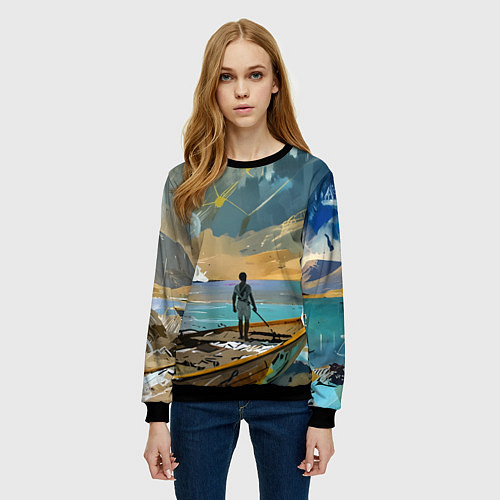 Женский свитшот Мальчик и лодка / 3D-Черный – фото 3