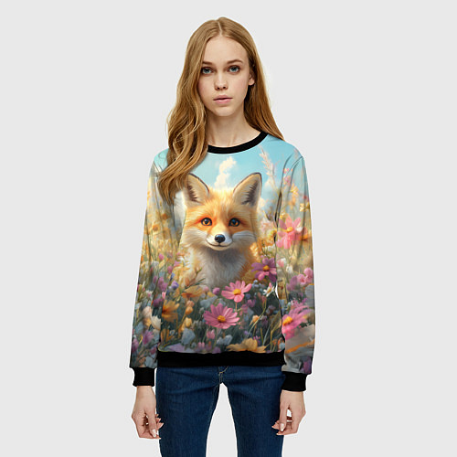 Женский свитшот Лиса в цветочном поле / 3D-Черный – фото 3