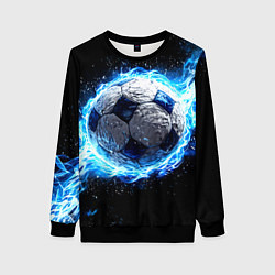 Свитшот женский Футбольный мяч в синем пламени, цвет: 3D-черный