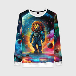 Свитшот женский Лев бравый космонавт - неоновый космос, цвет: 3D-белый