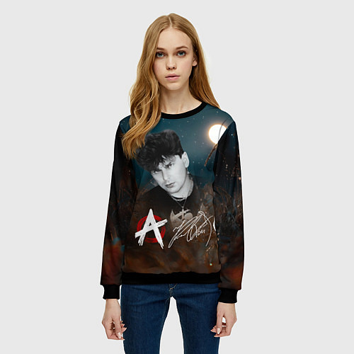 Женский свитшот Юрий Хой на фоне луны / 3D-Черный – фото 3