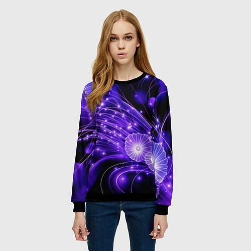 Женский свитшот Силуэты цветов на темном фоне - фиолетовое свечени / 3D-Черный – фото 3