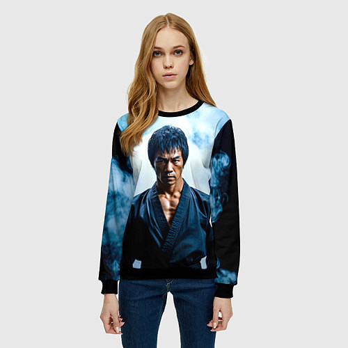 Женский свитшот Брюс Ли в дыму / 3D-Черный – фото 3